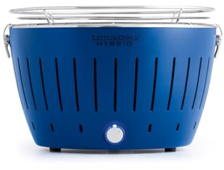LotusGrill - Nuovo Barbecue Ibrido Portatile a Carbonella e Gas in Acciaio Inox con alimentazione a batterie oppure cavo USB - Borsa da Trasporto inclusa - Ø 32 cm - Blu