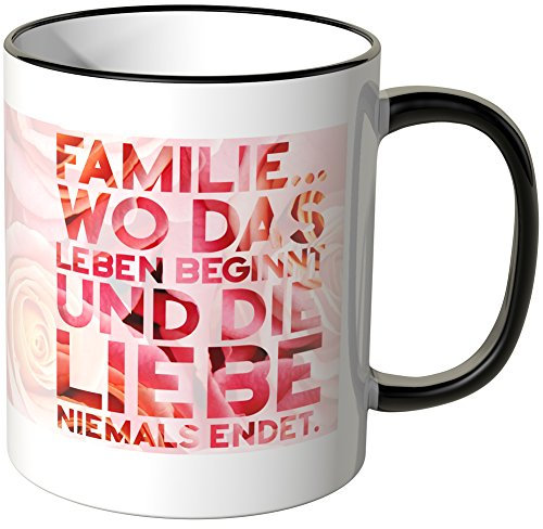 WANDKINGS® Tasse, Schriftzug: Familie … wo das Leben beginnt und die Liebe Niemals endet. - SCHWARZ