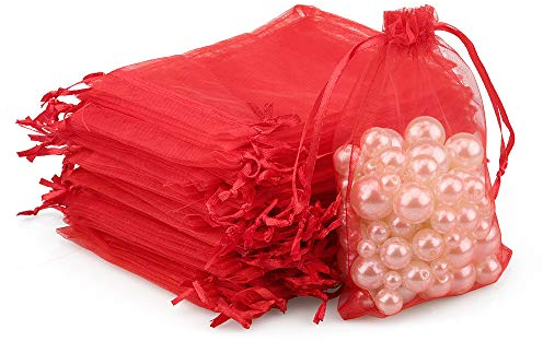 G2PLUS 100 Stück Rot Organzasäckchen, 10x15 CM Geschenk Organzabeutel, Hochzeit Organza-Beutelchen mit Kordelzug Sie als Hochzeit Bonbonsbeutel, Schmuckbeutel, Geschenkbeutel