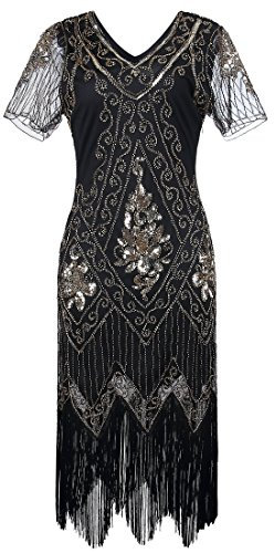 JaosWish Gatsby 1920s Flapper Dress Women Vintage Sequin Fringe Beaded Art Deco Fancy Dress with Sleeve for Party Prom, S, Black Gold