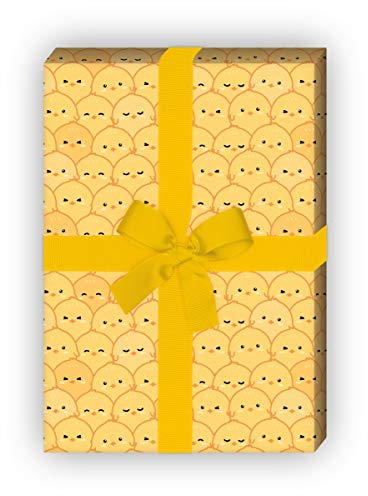 Kartenkaufrausch Lustiges Küken Geschenkpapier Set zur Geburt oder Ostern für liebevolle Geschenk Verpackung 32 x 48cm, 4 Bögen zum Einpacken für Geburtstage, Geburt, Ostern, gelb