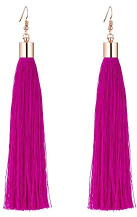 Fuchsia Pink Plain Long Tassel Earrings Gold Metal Cap and Hook