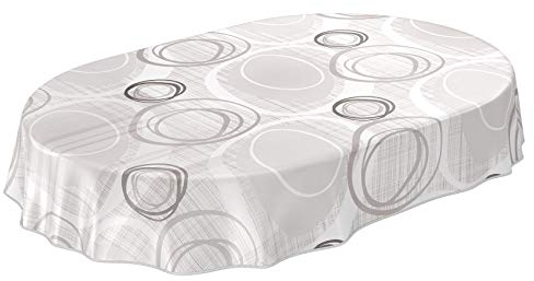 ANRO Tischdecke Wachstuch abwaschbar Wachstuchtischdecke Wachstischdecke Kreise Geometrie Weiß Silber Oval 260x140cm mit Saum - Eingefasst