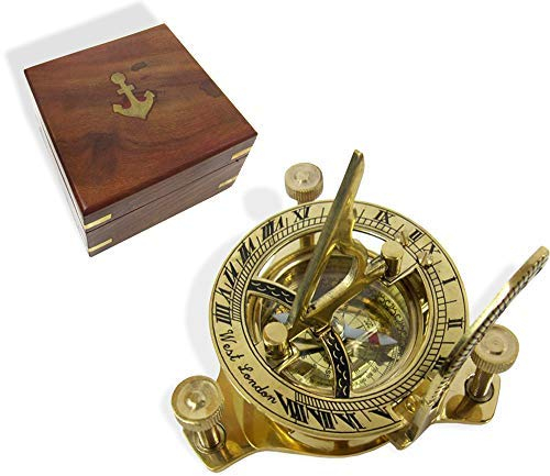 RedSkyTrader Sonnenuhr-Kompass aus massivem Messing With Wooden Box gold