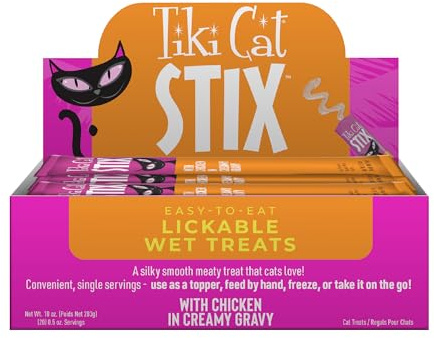 Tiki Cat Stix Mousse Treats, Single Serve Indulgent Lickable Treat or Dry Food Topper, with Chicken in Creamy Gravy, 0.5 oz. Servings (20 Count)