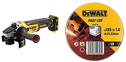 DEWALT DCG405N 18V XR Brushless 125mm Angle Grinder, Multi-Colour & Lata con 10 discos de Corte de Alto desempeño para Acero INOX 125 x 1 x 22.23mm