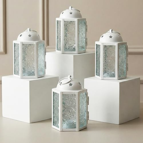 Vela Lanterns Mini Moroccan Decorative Candle Lanterns, Set of 4, White, Clear Glass