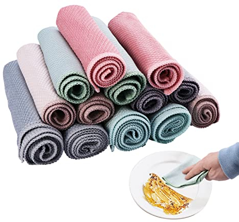 Parthan 13 Stück Wiederverwendbar Mikrofasertücher Fischschuppen Reinigungstuch Reinigungstücher für Küche Auto Bad 30 x 40cm und 25 x 25cm (Mischfarbe)