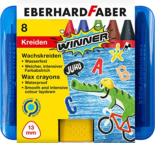 Eberhard Faber 524006 - Wachsmalkreide Winner, wasservermalbar, 8 Wachsmalstifte in praktischer Kunststoffbox