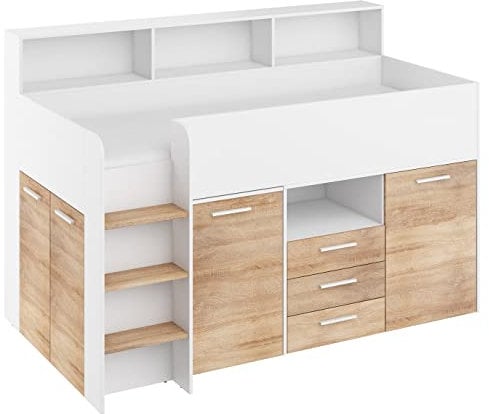 BIM Furniture Etagenbett NEO L Kindermöbel, Möbelset für EIN Kinderzimmer, EIN Bett mit Schreibtisch, Regalen, Schubladen: Linke Seite (weiß/Sonoma Eiche)