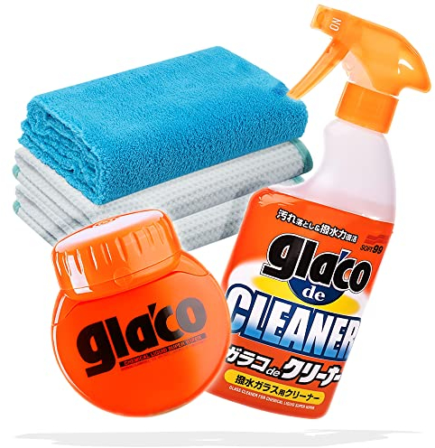 detailmate Auto Scheiben Reinigung & Versiegelung Bundle: Soft99 Glaco de Cleaner Glasreiniger 400ml + Soft99 Glaco Roll On Large 120ml + 2X Waffeltuch Poliertuch