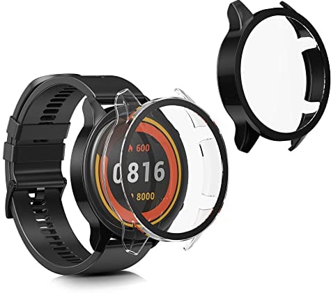 kwmobile Carcasa Compatible con Xiaomi Mi Watch/Mi Watch Color Sport Funda - 2X Protector Pantalla Completo de Cristal Templado - Ultrafino y antigolpes - Negro/Transparente