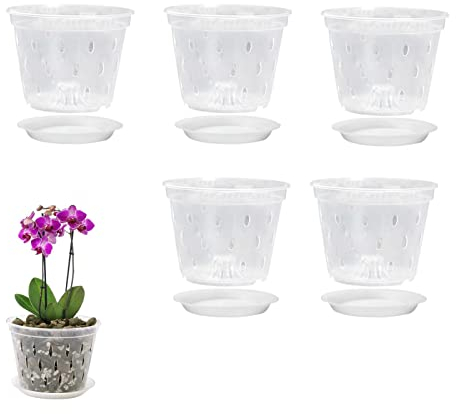 Gereton Lot de 5 Pots D'orchidées Transparents avec Trous, 5,5 Pouces avec Trous et Soucoupes, Pot de Fleur Fendu Respirant, Pots Transparents pour Rempoter Les Orchidées