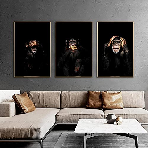 Nordischer Stil 3 Stück 60 x 80 cm rahmenlose Tierwandkunst 3 Affen sagen nicht nein, sehen, hören, Poster und gedrucktes Bild für die Wohnzimmerdekoration