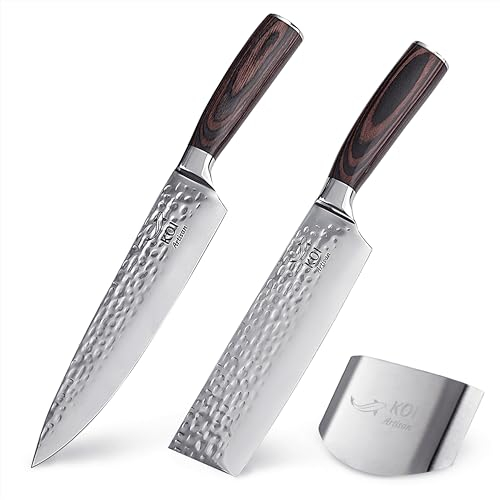 KOI ARTISAN Hammered Finish 2 Pieces Knife Set - Gift Kitchen Knife Set Japanese Steel, Professional Chef Knife - Nakiri Knife Slicing Hammered Forging Kitchen Knives with Pakka Wood Handle