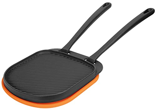 MixRBBQ Cast Iron Skillet Pan - Grizzler Pan with Silicone Mat and 2 Lifting Handle, Pizza Oven Pan for Ooni, Mimiuo, Solo Stove Pi Prime Pizza Oven Accessories, BBQ Grilling, Camping Cookware