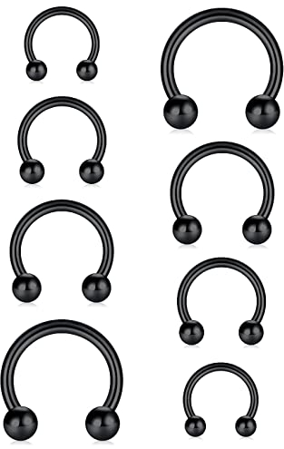 KOMUNJ 4 pares de piercings herradura para nariz, tabique, 16 g, 6/8/10/12 mm, piercing labial, tragus, hélix, oreja, negro, acero inoxidable, Acero inoxidable