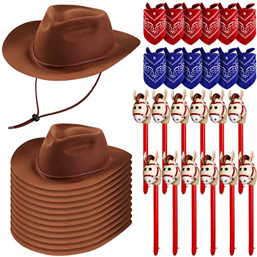 Xtinmee 36 Pcs Kids Cowboy Hats Party Bandanas,Classic Style,Brown