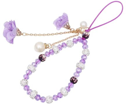 COLORFUL BLING Charm String Beaded Chain Strap Crystal Flower Pendant Lanyard Accessories for Women Girls Car Key Purse Decoration - Purple