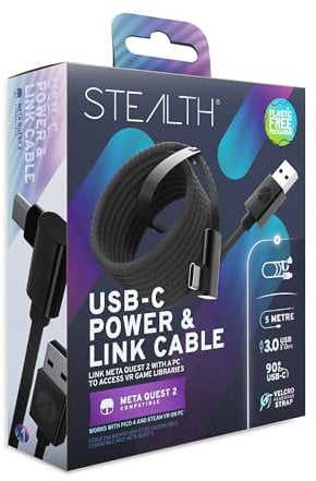 STEALTH 5M USB-C Power Link Cable Compatible with Meta Quest 2 Durable, Braided L-Shaped USB 3.0 with Velcro Strap for enhanced VR