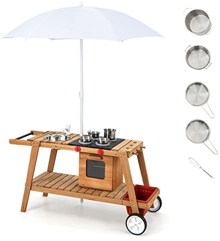 COSTWAY Cocina Infantil de Madera, Cocina de Juego de Madera para Exterior con Sombrilla de Sol, Horno Asador Simulado, Caja de Almacenamiento Extraíble, Juguete Carrito para Niños de 3+ Años (Blanco)
