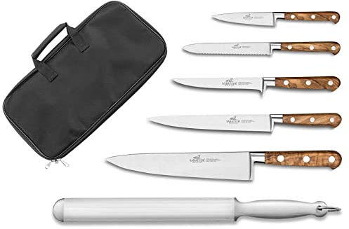 Sabatier Provençao - Mallette Cuisinier 5 Couteaux de Cuisine 100% Forgés Manche en Bois d'Olivier + 1 Fusil - Fabriquée en France