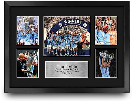 HWC Trading FR A3 Manchester City The Treble Premier League, FA Cup & Champions League Winners 22/23 Printed Signed Autograph Photograph Display for Football Fans - A3 Framed