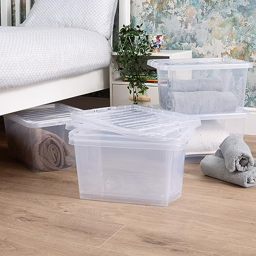Wham Crystal 5 x 28L Stackable Plastic Storage Boxes with Lids | Ideal for Home, Office, Toys & More | Medium Boxes | Made in UK - Clear