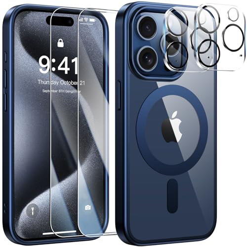 YisrLery 5-in-1 Kompatibles mit i Phone 15 Pro Hülle für Mag Safe mit 2 Stück Panzerfolie und 2 Stück Kameraschutz Militärnorm Schutz, PC Rückseite Stoßfest Magnetische Hülle - Titan Blau