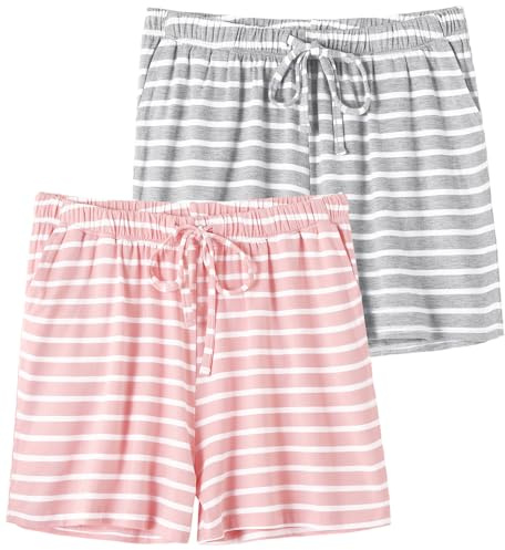 Knuffnee Damen Schlafanzughose Kurz Weiche Pyjama Shorts Pyjamahose mit Taschen und Kordelzug 2er Pack