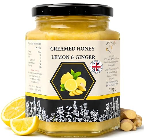 Honey Creamed Lemon & Ginger 320g - Made in UK – 100% British Raw Honey for Immune Support, Soothing Throat Relief, Naturally Creamed Texture, No Preservatives or Additives – Alvari