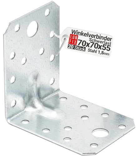 Escuadras metálicas 70x70x55 mm 1,5 mm, 20 piezas, soportes para madera y estanterías, escuadras reforzadas de carga pesada acero galvanizado, conectores en ángulo para vigas y muebles Lun Fix