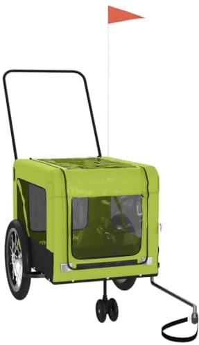 vidaXL Fahrradanhänger Hunde, Hundeanhänger mit Reflektoren Flagge, Hundetransporter Maximale Belastbarkeit 45kg, Haustier Transportwagen, Grün Schwarz Oxford-Gewebe Eisen