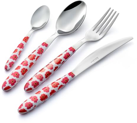 Eme P13SVR/PY Servizio Posate 6 Coltello 6 Forchetta 6 Cucchiaio 6 Cucchiaino Confezione Salvaspazio, 24 Pezzi, Modello Vero, Decoro Poppy, Nichel Free, Manicatura PBT Sublimato