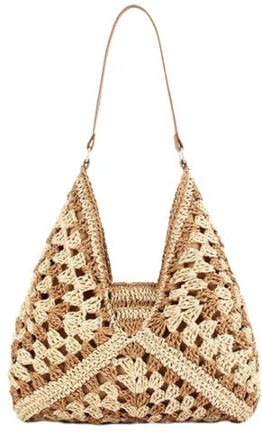 Stroh Hobo Tasche für Damen Einkaufstasche Sommer Urlaub Strand-Handtaschen Boho- und Bohemian-Stil, Schultertasche Schultertasche Flechttasche (B)
