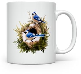 MAXIKIWI - Smooth Durable Ceramic Coffee or Tea Mug for Home or Office - Perfect for Any Occasion - Nesting Blue Jays Winter - 300ml
