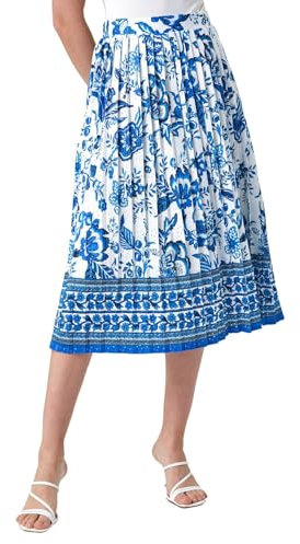 Roman Originals Pleated Skirt for Women UK Ladies Maxi Midi Crinkle Summer Smart Casual Evening Special Occasion Elasticated Waistband Party Holiday Long Crepe - Blue & White - Size 14