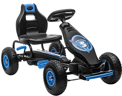 HOMCOM Pedal Go Kart for Kids, Racing Go Kart with Adjustable Seat, Inflatable Tyres, Shock Aborb, Handbrake, for Ages 5-12 Years - Blue