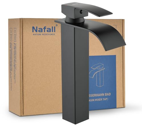 Nafall Grifo Lavabo Alto Negro : Grifos para Lavabos de Baño en Waterfall, Acero Inoxidable Mezclador Monomando de Lavabo para Grifo Alto Lavatorio (Versión Larga)
