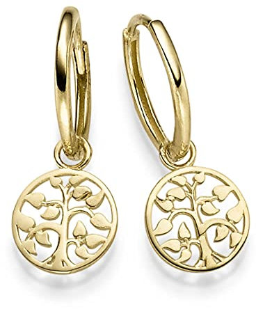 Creolen mit Einhänger Ohrhänger Lebensbaum 585 Gold Gelbgold Ohrschmuck glänzend