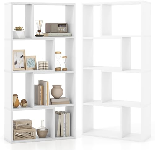 HOMASIS Bücherregal mit 8 Fächern, Standregal mit 4 Ebenen, Würfelregal Holz mit offenen Ablagen, Regal Büroregal geometrisch, Aufbewahrungsregal für Wohnzimmer Arbeitszimmer, 60x20x120cm (Weiß)