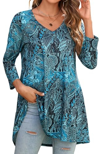 Enmain Tunique Femme Longue à Manche 3/4 Femme Tunique Grande Taille Chic et élégant Chemisier Col en V Swing Blouse Confortable Hiver Fête Vert Émeraude, S