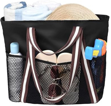 Mabecol Bolsa Playa Mujer Hombre Bolsa Piscina Bolso Playa Grande xxl Familiar de Malla, Bolso Shopper Mujer en Nylon para Viajes, Gimnasio y Piscina (2-Negro)