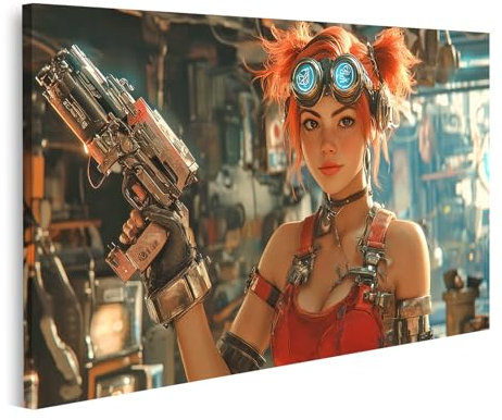 islandburner Prime Bild auf Leinwand Cyberpunk Frau mit futuristischer Waffe und Brille für Wohnzimmer Science-Fiction Gaming-Lounge Bilder Wandbilder Poster