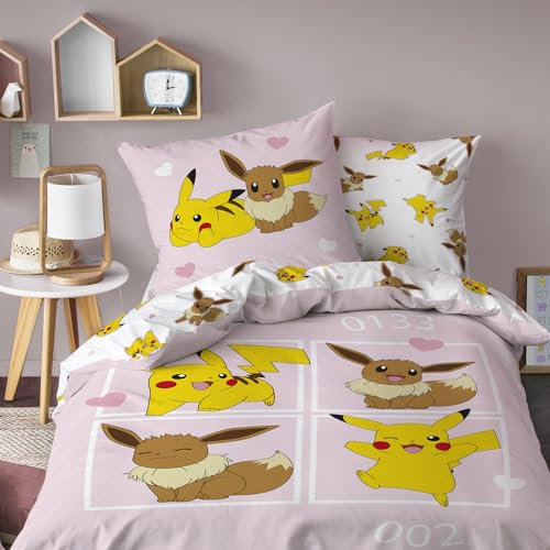 Pokemon EVOLI Bettwäsche für Kinder | 100 % Baumwolle | Öko-TEX | Bettbezug 140 x 200 cm + Kissenbezug 63 x 63 cm | bedruckt Mädchen | Rosa