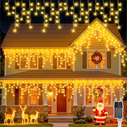 Isisyu Eisregen Lichterkette Außen, 20M 480LED Warmweiß Eiszapfen Weihnachtsbeleuchtung Außen mit Timer, IP44 Wasserdicht 8 Modi mit Stecker für Innen Außen Weihnachten Party Traufe Fenster Balkon