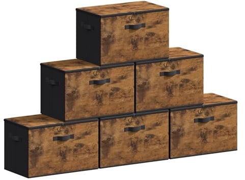 SONGMICS Aufbewahrungsbox mit Deckel, 6er Set, faltbare Stoffbox | Aufbewahrung für Kleidung, 40 x 30 x 25 cm, Vliesstoff, mit Griffen, Tintenschwarz, TINA Kollektion RYZ103BH03