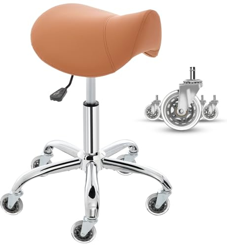 E-Motie Saddle Stool, Ergonomic Saddle Chair with Wheels 450 LBS, Adjustable Height Swivel Salon Stool, Rolling Stool for Home Office Tattoo Massage Clinic Lab Beauty (Brown)