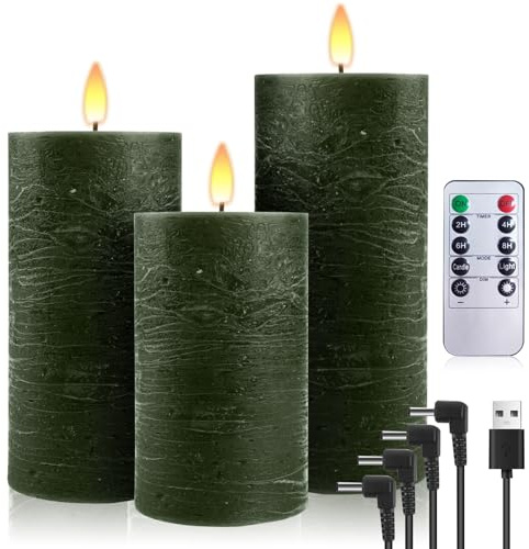 PinnWaa LED Kerzen, 3 wiederaufladbare Stumpenkerzen aus Echtwachs, Grün | 10-Tasten-Fernbedienung, Timer 2/4/6/8 Std, realistisch flackernde Flamme, warmes Licht, Stumpenkerzen für Weihnachtsdeko