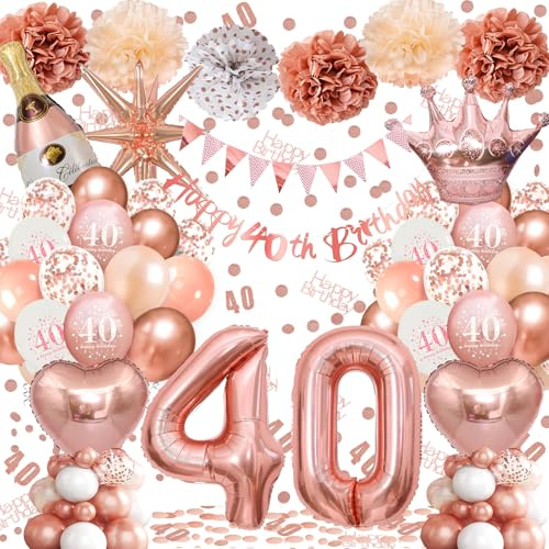 40th Birthday Balloons Rose Gold, Banner, Triangle Flag, 40th Birthday Decorations, Rose Gold Party Decorations Set, Latex, Heart, Crown And Numbers Balloons, Confetti, Paper Pom Poms